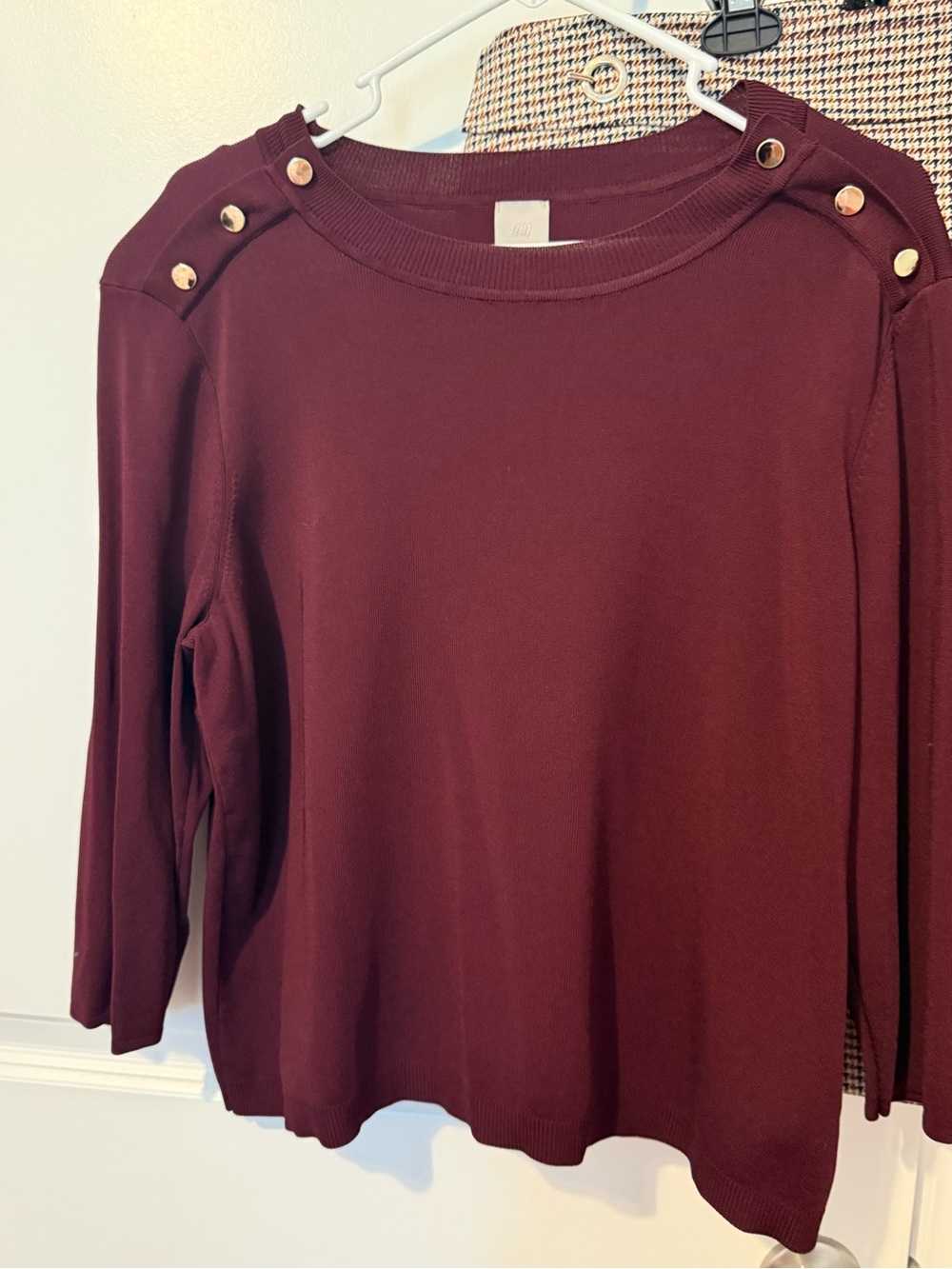 H&M Wine Crewneck Top with Gold Shoulder Buttons